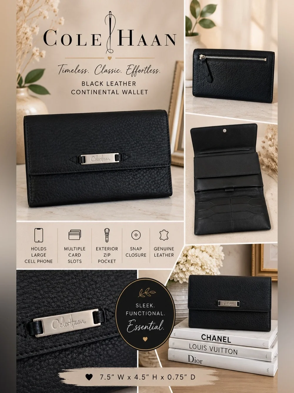 Cole Haan Black Leather Continental Wallet Clutch Silver Hardware